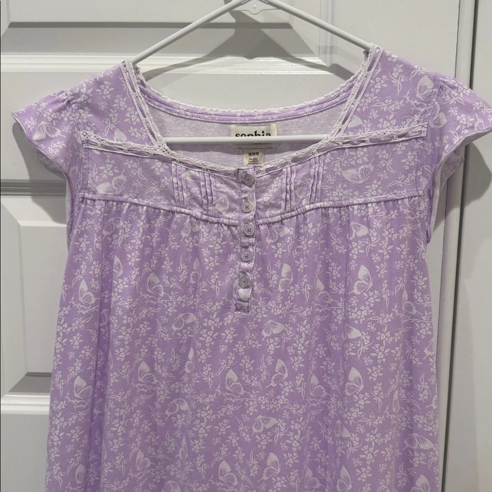 Sophia René Rofé Lavender Floral and Butterfly Short Nightgown Dress Size Medium